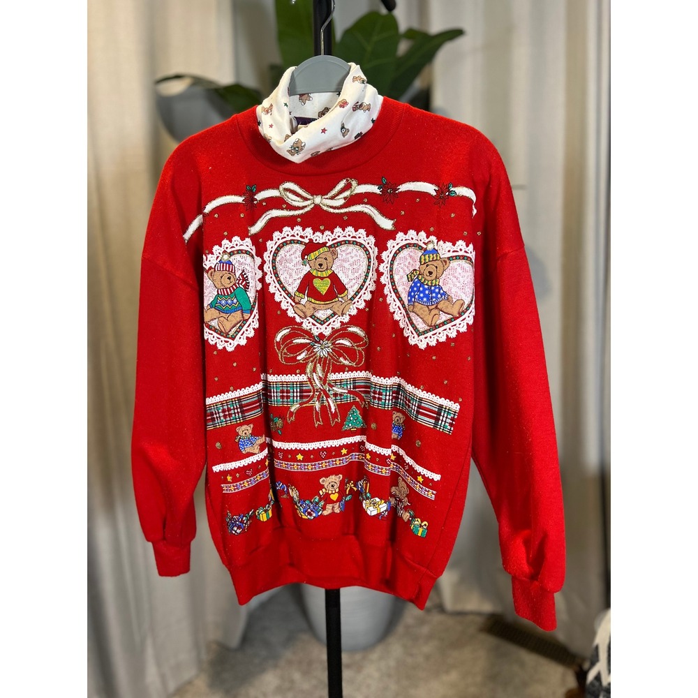 Vintage Land n Sea Christmas Teddy Bear Mock Neck Sweatshirt Red Medium USA
